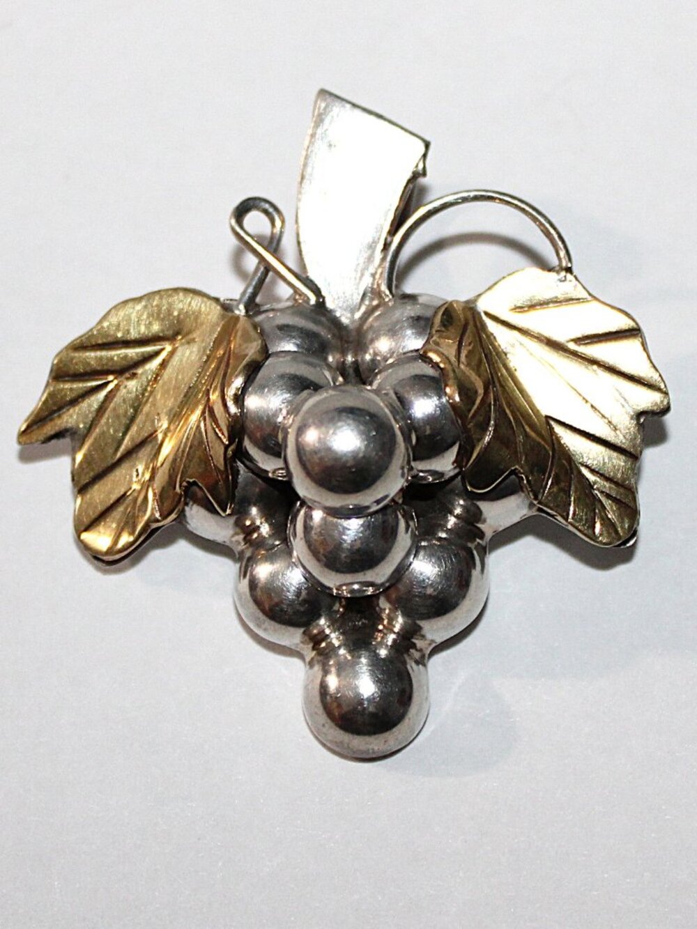 Vintage Sterling Silver & Brass Grape Cluster Brooch Pendant Mexico